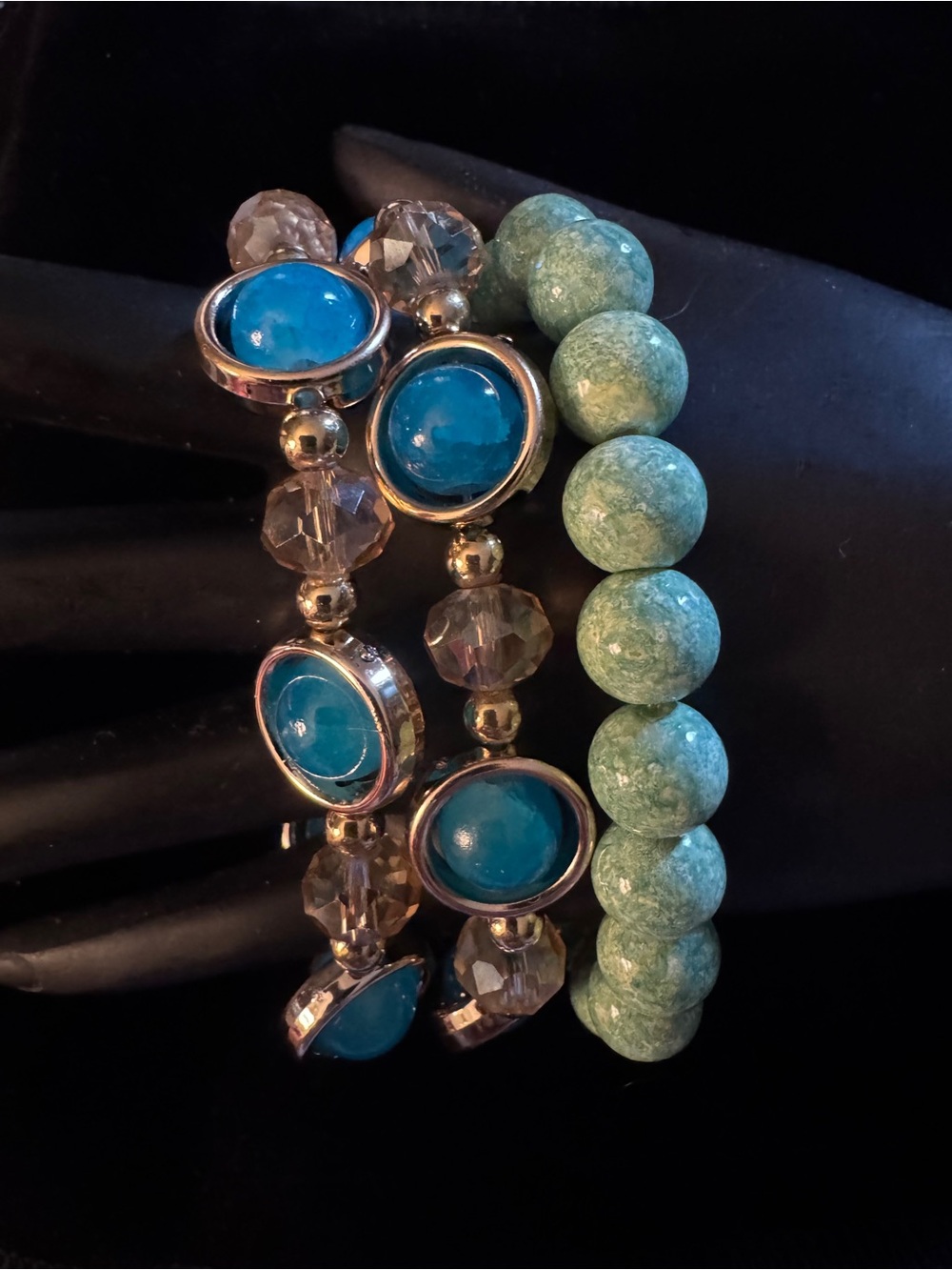 Three Blue and Green Beaded Stretch Bracelet Set - Women Jewelry